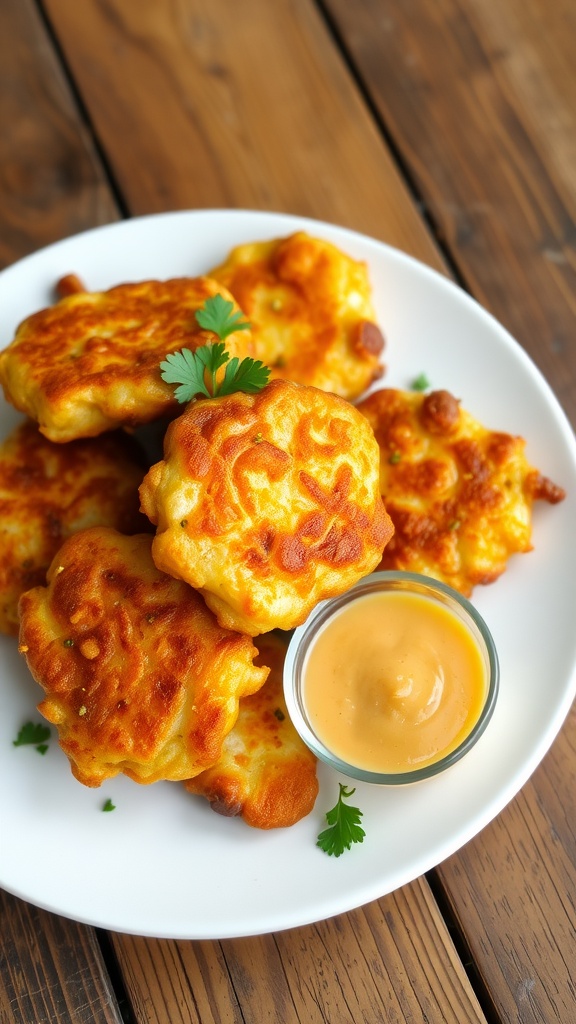 Crispy clam fritters served with dipping sauce and garnished with parsley on a rustic table.
